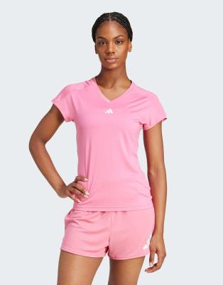 adidas Performance - Aeroready Train Essentials - T-Shirt in Pink Fusion/Weiß mit dezentem Logo und V-Ausschnitt-Rosa