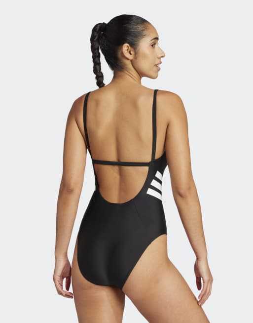 adidas Performance – Badeanzug in Schwarz/Weiß mit U-Rückenausschnitt und den 3 Streifen, 2 von 4