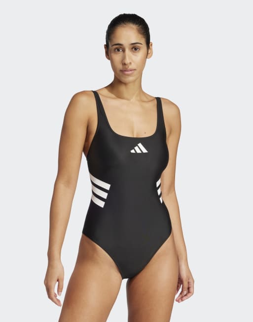 adidas Performance – Badeanzug in Schwarz/Weiß mit U-Rückenausschnitt und den 3 Streifen, 3 von 4