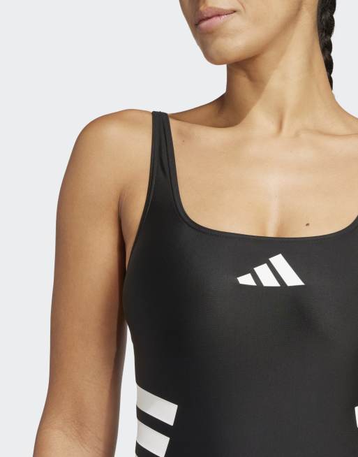 adidas Performance – Badeanzug in Schwarz/Weiß mit U-Rückenausschnitt und den 3 Streifen, 4 von 4