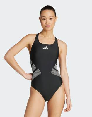 adidas Performance - Badeanzug mit C-förmigem Rückenausschnitt in Schwarz und Weiß mit Logo