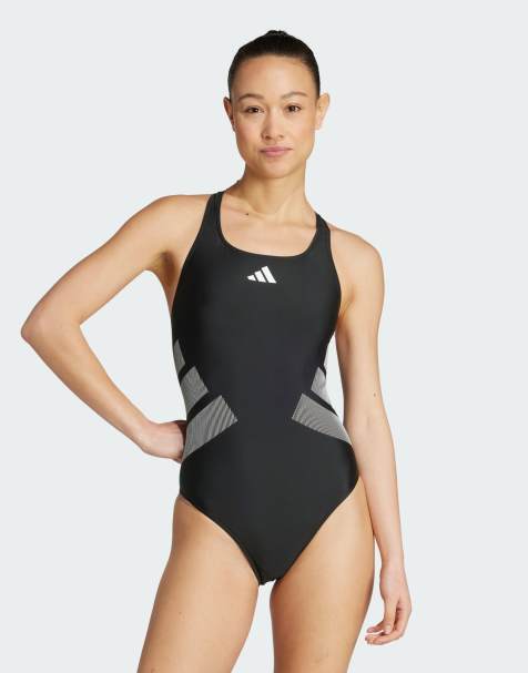 adidas Performance – Badeanzug mit C-förmigem Rückenausschnitt in Schwarz und Weiß mit Logo - view 1