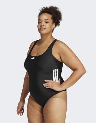 adidas Performance - Badeanzug (Plus-Size) in Schwarz/Weiß mit C-Rückenausschnitt und den 3 Streifen