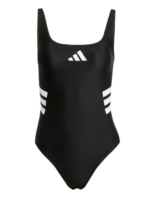 adidas Performance - Costume da bagno color nero/bianco con 3 strisce e scollo a U sul retro