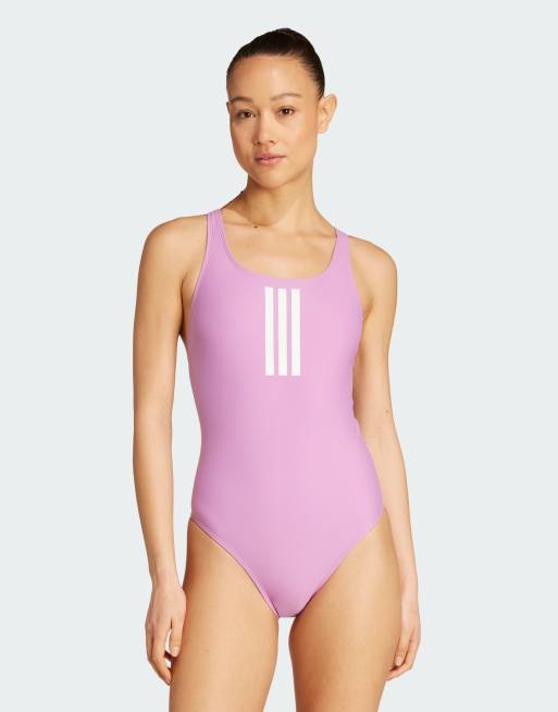 adidas Performance - Costume da bagno color viola preloved/bianco con 3 strisce e scollo a V sul retro