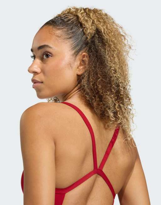 adidas Performance - Costume da bagno rosso con spalline sottili e scollo a V sul retro, 4 di 4