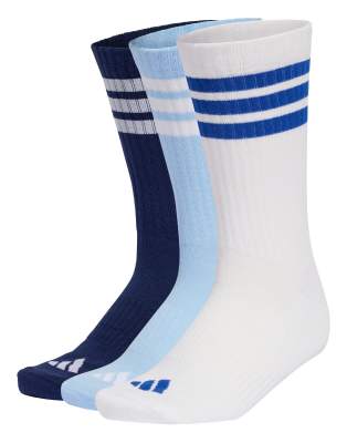 adidas Performance - Cushioned Sportswear - 3er-Pack Crew-Socken in Dunkelblau / Weiß / Glow Blue mit den 3 Streifen