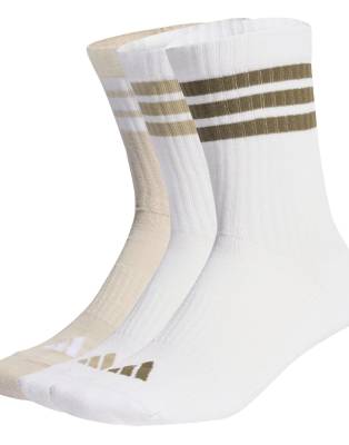adidas Performance - Cushioned Sportswear - 3er-Pack Crew-Socken in Weiß, Beige und Olive Strata mit 3 Streifen