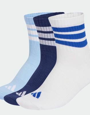 adidas Performance - Cushioned Sportswear - 3er-Pack mittelhohe Socken in Dunkelblau / Weiß / Glow Blue mit den 3 Streif...