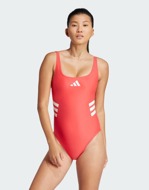adidas Performance – Czerwony strój kąpielowy z 3 paskami i wycięciem w łódkę na plecach - view 1