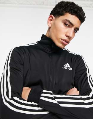 adidas black 3 stripe tracksuit