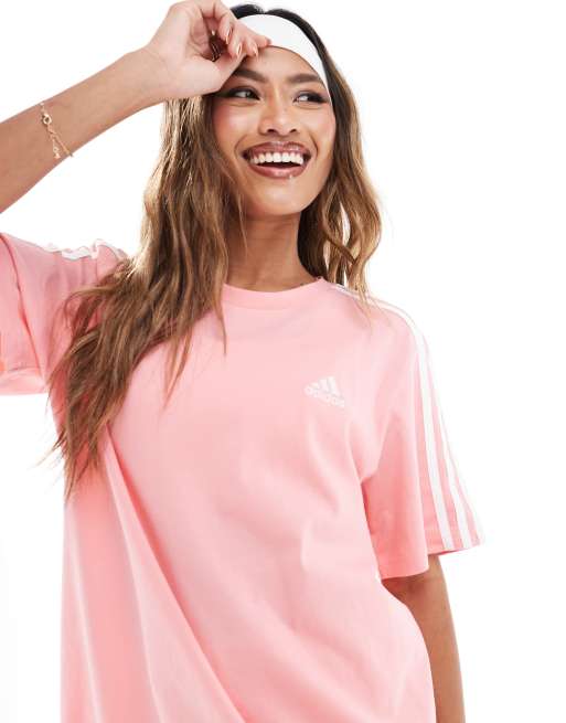 adidas Performance essentials 3 stripes boyfriend t shirt dress in pink