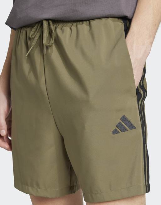 adidas performance Essentials 3-stripes chelsea shorts in olive strata and black, 4 of 4