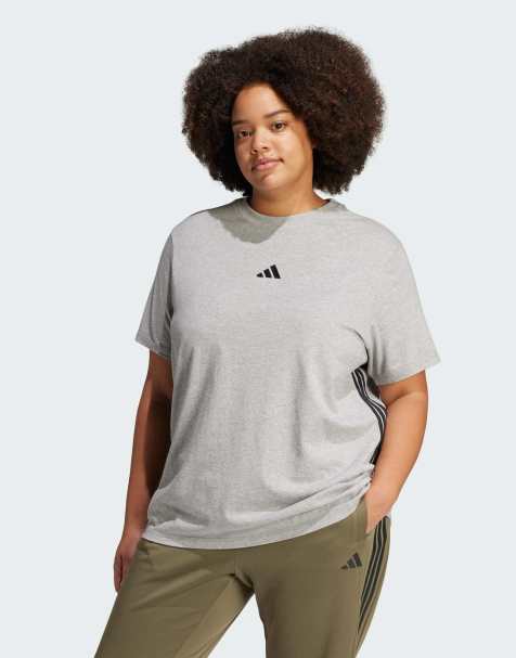 adidas performance Essentials 3-stripes cotton tee (plus size) in medium grey heather / black - view 1