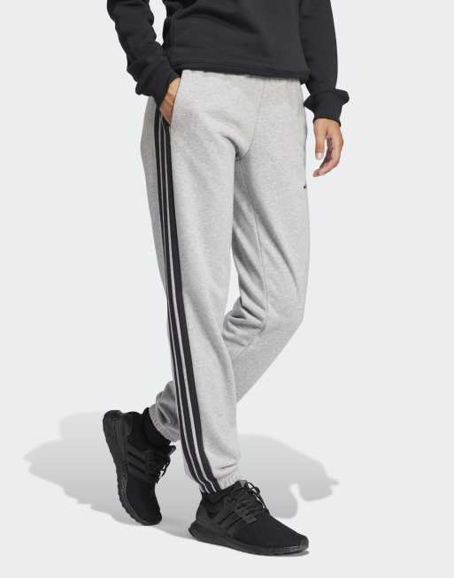 adidas performance Essentials 3-stripes french terry cuffed pants in medium grey heather / black, 3 of 4