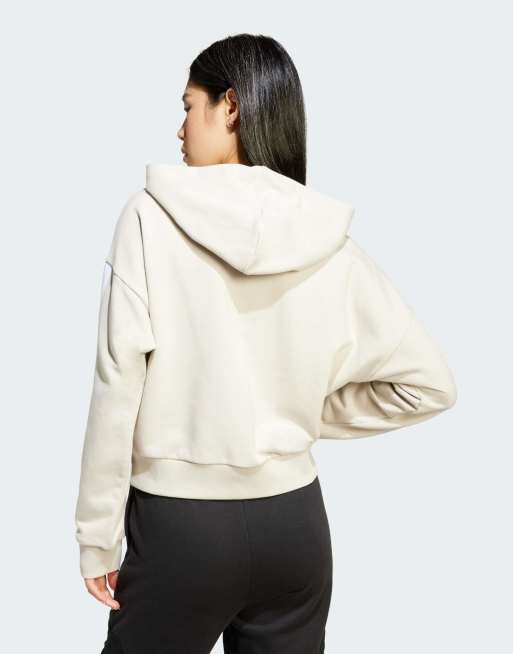 adidas performance Essentials 3-stripes french terry full-zip hoodie in beige / white, 3 of 4