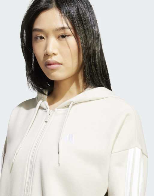 adidas performance Essentials 3-stripes french terry full-zip hoodie in beige / white, 4 of 4
