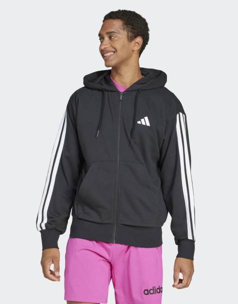adidas performance Essentials 3-stripes french terry full-zip hoodie in black / white - view 1