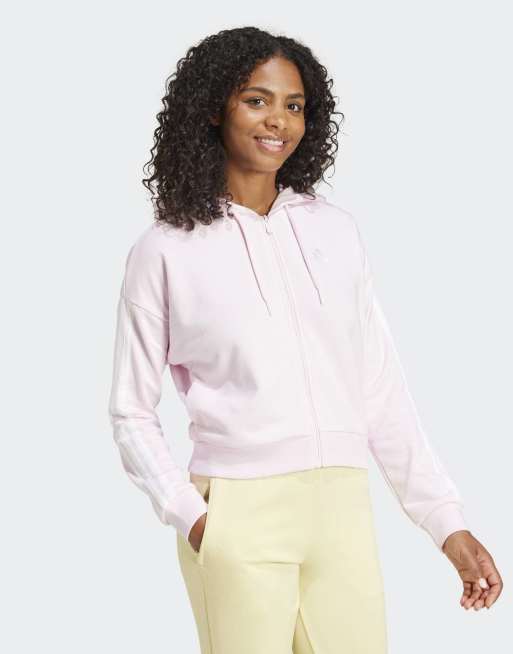 adidas performance Essentials 3-stripes french terry full-zip hoodie in clear pink / white, 3 of 4