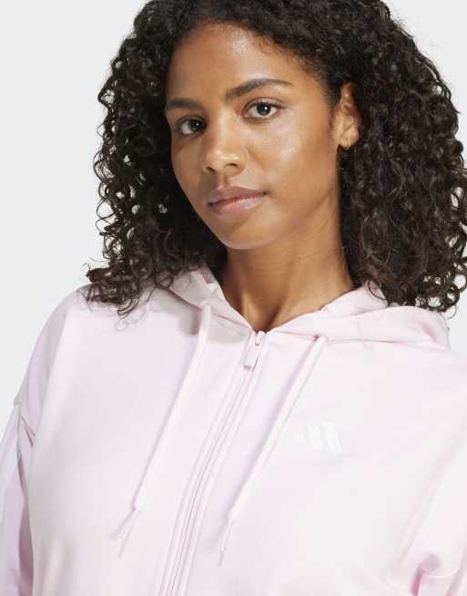 adidas performance Essentials 3-stripes french terry full-zip hoodie in clear pink / white, 4 of 4