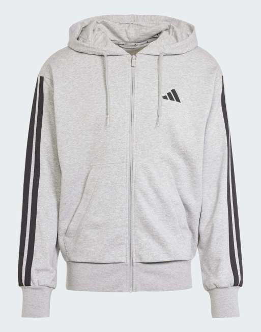adidas performance Essentials 3-stripes french terry full-zip hoodie in medium grey heather / black, 4 of 4