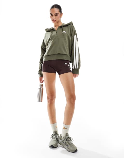 adidas Performance essentials 3-stripes french terry quarter-zip hoodie in green, 2 of 4