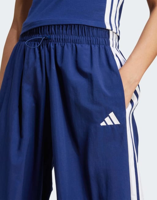 adidas performance Essentials 3-stripes lifestyle woven parachute pants in dark blue / white, 3 of 4