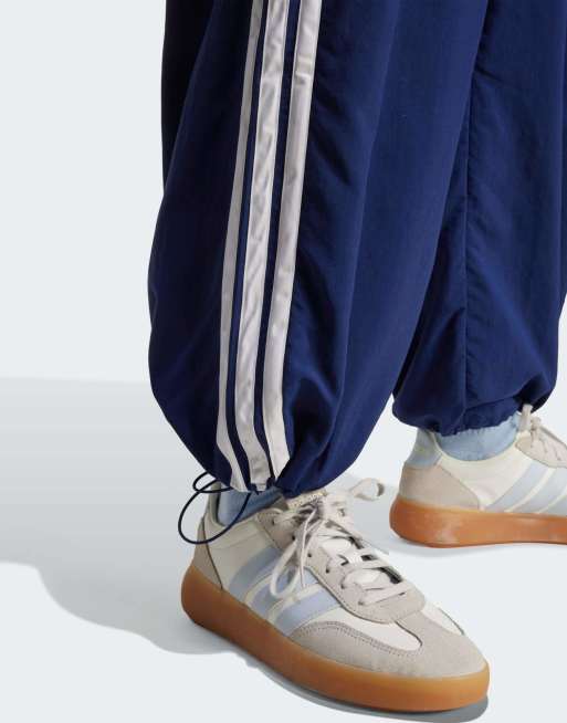 adidas performance Essentials 3-stripes lifestyle woven parachute pants in dark blue / white, 4 of 4