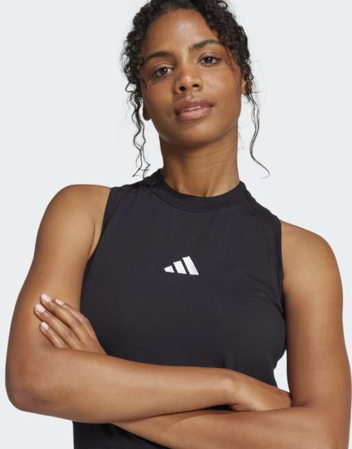 adidas performance Essentials 3-stripes long racerback dress in black / white, 4 of 4