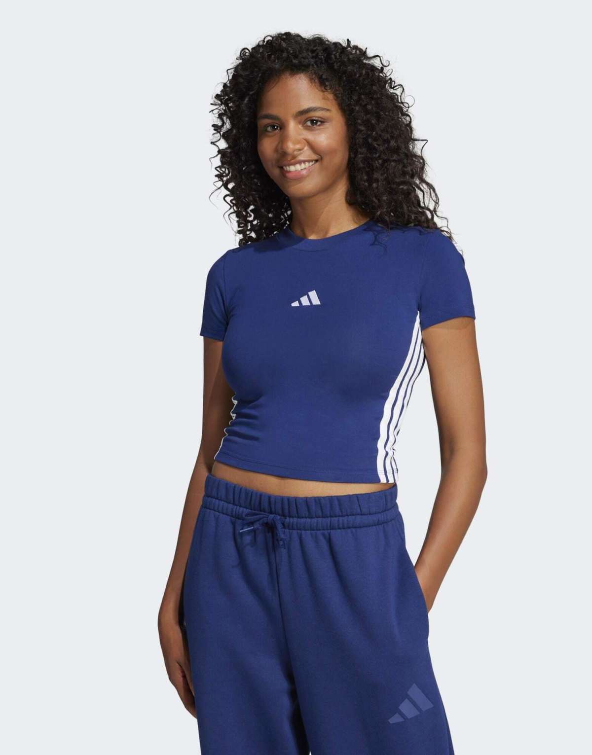 adidas performance Essentials 3-stripes slim baby tee in dark blue / white