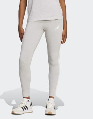 adidas performance - Essentials - Baumwoll-Leggings in meliertem Hellgrau / Weiß mit den drei Streifen