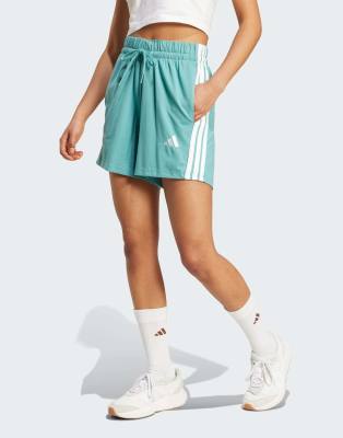 adidas Performance - Essentials - Baumwollshorts in Puderpetrol/Weiß mit 3 Streifen-Blau