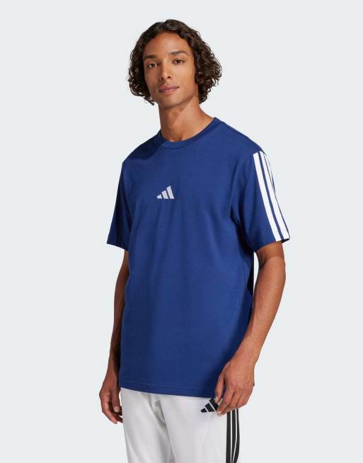 adidas Performance – Essentials – Ciemnoniebieski dżersejowy T-shirt z 3 białymi paskami