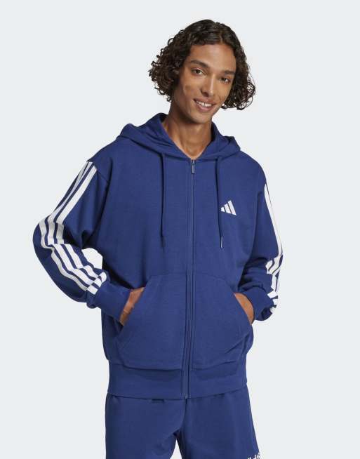 adidas performance – Essentials – Ciemnoniebiesko-biała zapinana na zamek bluza z kapturem z materiału french terry z 3 paskami