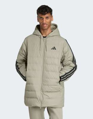 adidas performance Essentials climawarm 3-stripes light down hooded parka in silver pebble