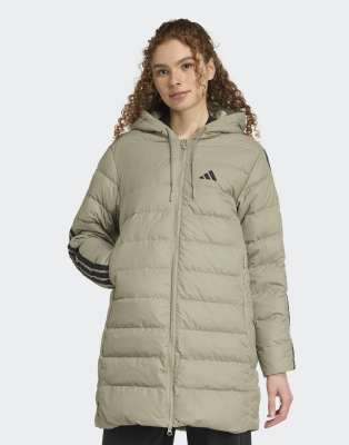 adidas performance Essentials climawarm 3-stripes light down hooded parka in silver pebble