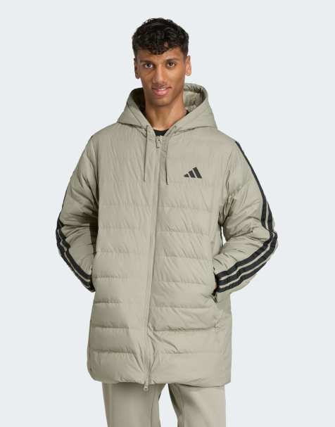 adidas Performance – Essentials – Climawarm – Ljusgrå parkas med lätt dun, huva och 3 ränder - view 1