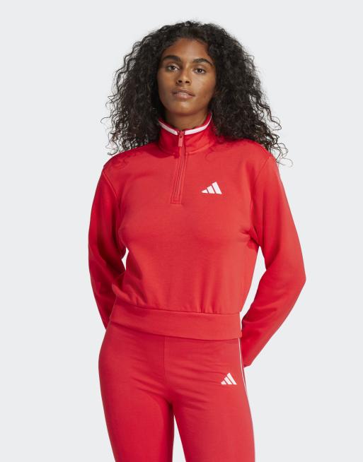 adidas Performance – Essentials – Color Pop – Cropped-Trainingsjacke aus French Terry in Pure Ruby mit kurzem Reißverschluss