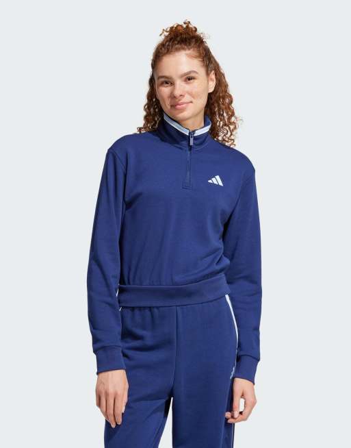 adidas performance Essentials color pop french terry crop quarter-zip track jacket in dark blue