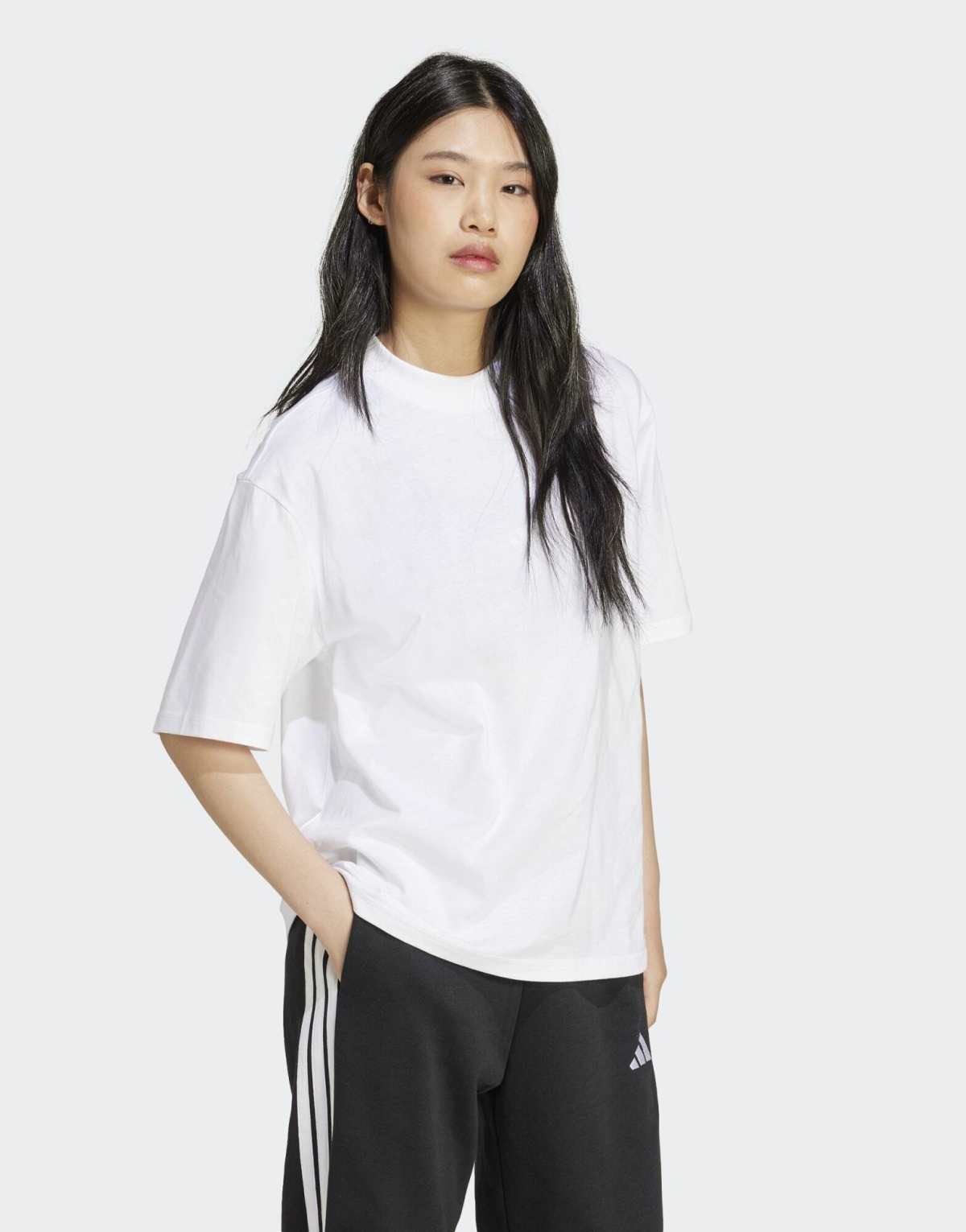 adidas performance Essentials contemporary logo boyfriend tee in white