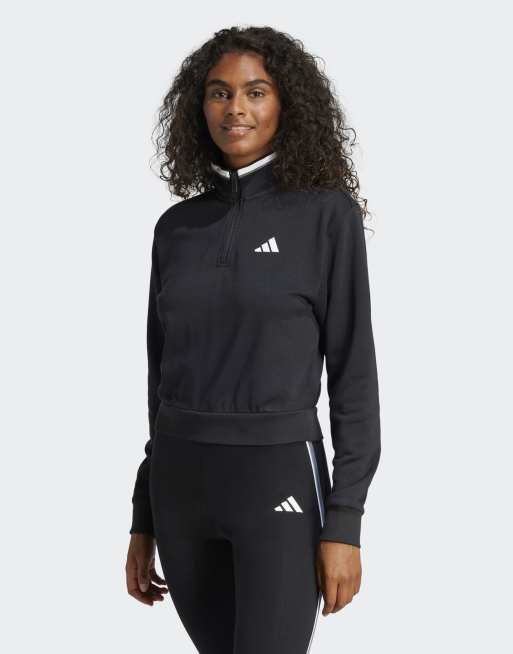 adidas Performance Essentials – Czarna krótka kurtka dresowa z materiału french terry z zamkiem pod szyją