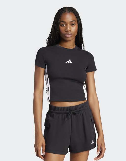 adidas Performance Essentials – Czarno-biały przylegający T-shirt o dopasowanym kroju z 3 paskami
