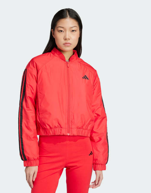 adidas performance – Essentials – Czerwona kurtka bomberka o krótkim fasonie z izolacją i 3 paskami
