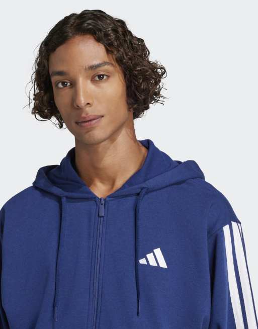 adidas Performance - Essentials - Felpa blu scuro e bianca in French Terry con cappuccio, zip e 3 strisce, 4 di 4