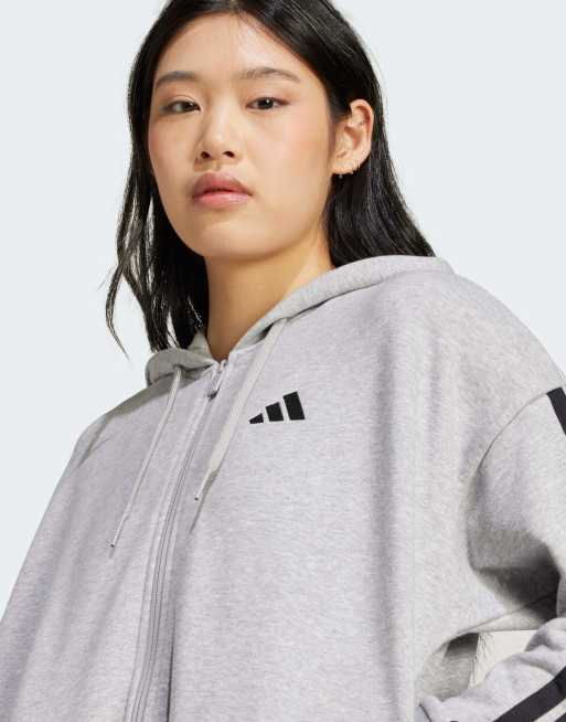 adidas performance - Essentials - Felpa con cappuccio in French Terry grigio mélange e nero con 3 strisce, 2 di 4