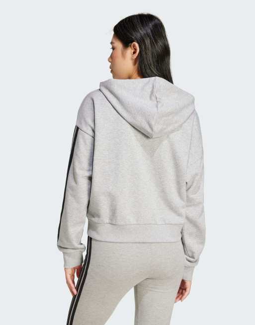 adidas performance - Essentials - Felpa con cappuccio in French Terry grigio mélange e nero con 3 strisce, 4 di 4
