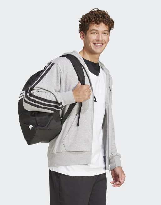 adidas performance - Essentials - Felpa con cappuccio in French Terry grigio mélange e nero con 3 strisce, 2 di 4