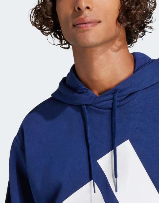adidas Performance - Essentials - Felpa in French Terry blu scuro/bianca con cappuccio e logo grande, 2 di 4