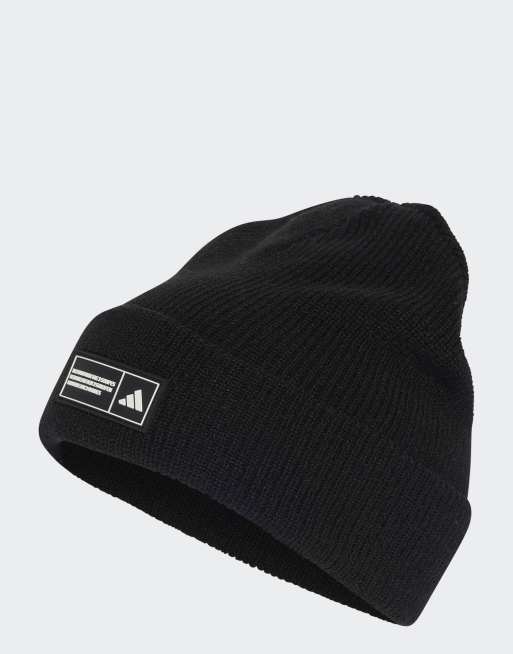 adidas Performance - Essentials - Gorro negro y blanco con vuelta y diseño de etiqueta