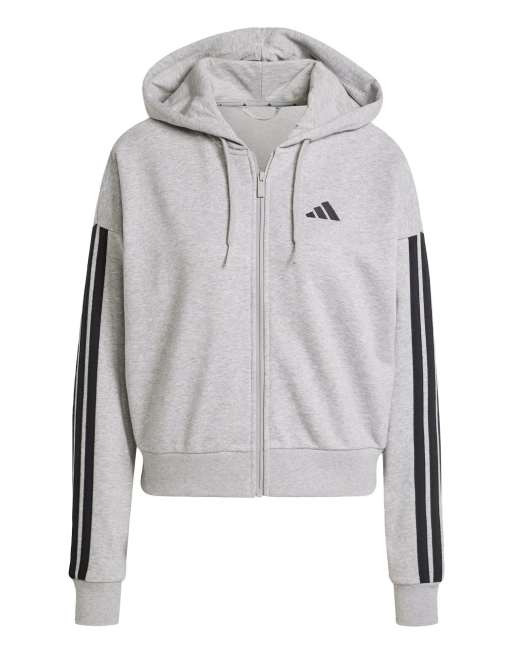 adidas Performance - Essentials - Gråmeleret hættetrøje med frotté-for, 3 sorte striber og fuld lynlås, 3 af 4
